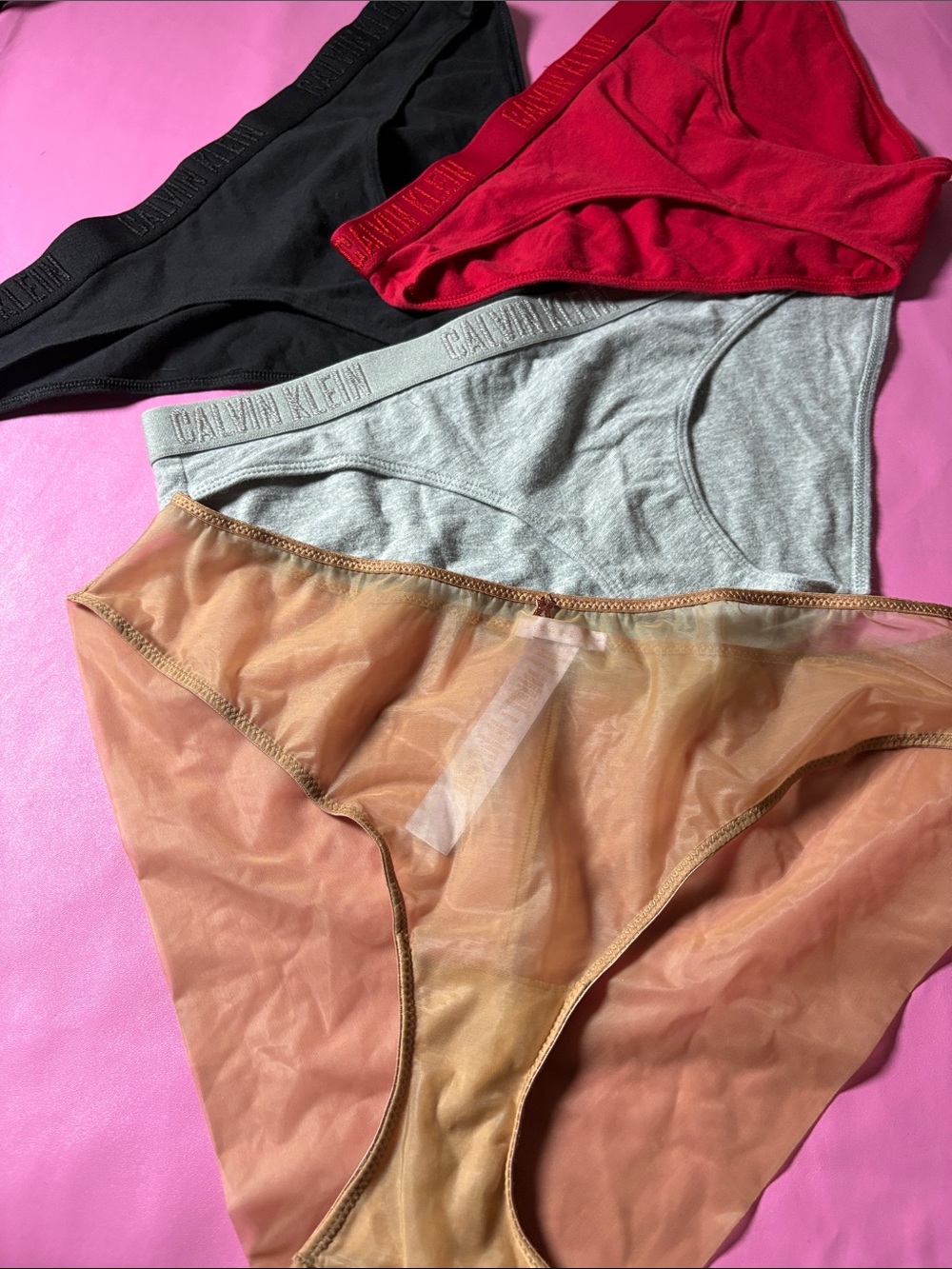 Calvin Klein Red Cotton Bikini 3 Brief with Nude Sheer Mesh Pair